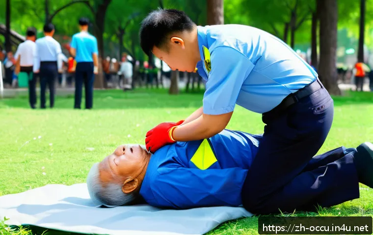 응급구조사 응급 상황 사례 연구 - A detailed scene of an emergency responder performing high-quality CPR on an elderly man collapsed i...