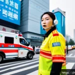 응급구조사 연봉 지역별 비교 - A professional emergency medical technician (EMT) in a bustling first-tier Chinese city like Beijing...