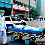 응급구조사와 의료 데이터 활용 - A high-tech emergency medical scene in urban China, featuring paramedics wearing modern smart wearab...