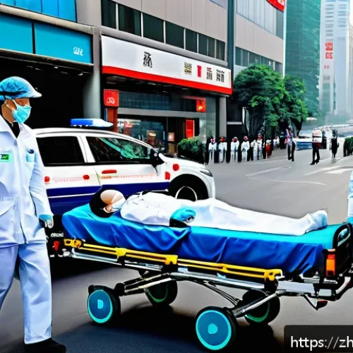 응급구조사와 의료 데이터 활용 - A high-tech emergency medical scene in urban China, featuring paramedics wearing modern smart wearab...