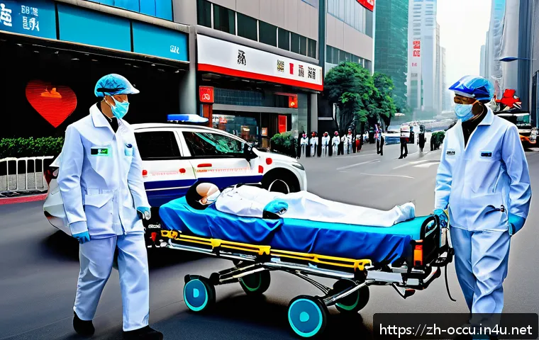 응급구조사와 의료 데이터 활용 - A high-tech emergency medical scene in urban China, featuring paramedics wearing modern smart wearab...