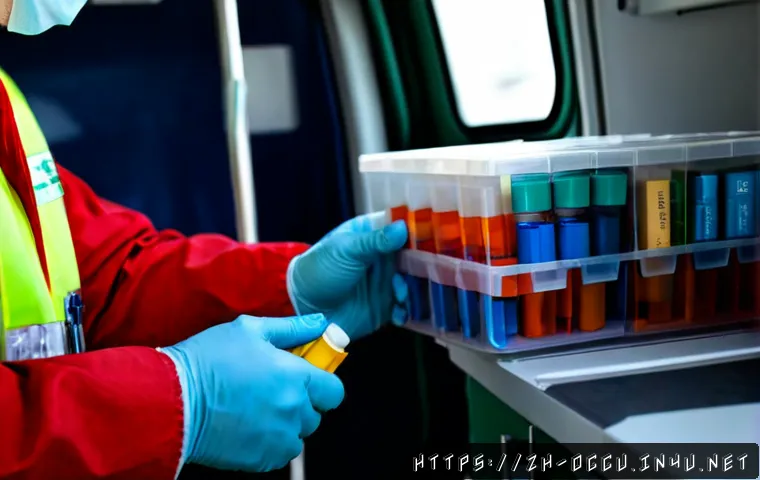 응급구조사와 약물 관리 - Photorealistic emergency paramedic carefully organizing sealed medication vials, sterile syringes, a...
