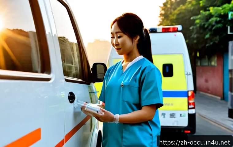 응급구조사 장단점 분석 - Photorealistic emergency medical technician standing beside a clean ambulance at sunrise, wearing a ...