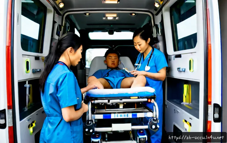 응급구조사와 사망률 감소 연구 - Photorealistic emergency medical team providing rapid care to an adult patient on a wheeled stretche...