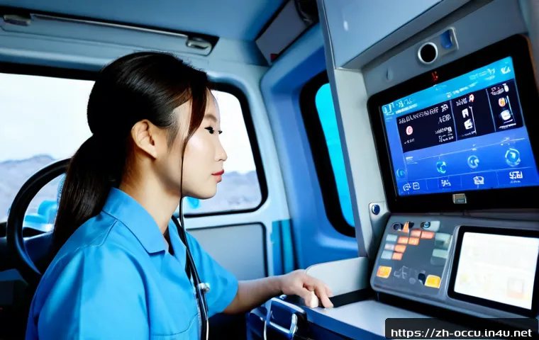 응급구조사와 출동 차량 기술 발전 - Photorealistic emergency medical technician in a clean modern ambulance, calmly reviewing a compact ...